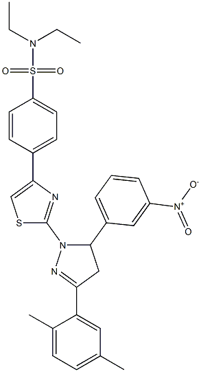 4-[2-(3-(2,5-dimethylphenyl)-5-{3-nitrophenyl}-4,5-dihydro-1H-pyrazol-1-yl)-1,3-thiazol-4-yl]-N,N-diethylbenzenesulfonamide Struktur