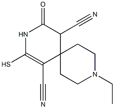 9-ethyl-4-oxo-2-sulfanyl-3,9-diazaspiro[5.5]undec-1-ene-1,5-dicarbonitrile Struktur