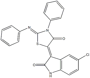 5-chloro-3-[4-oxo-3-phenyl-2-(phenylimino)-1,3-thiazolidin-5-ylidene]-1,3-dihydro-2H-indol-2-one Struktur