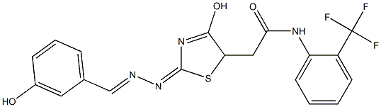 2-{4-hydroxy-2-[(3-hydroxybenzylidene)hydrazono]-2,5-dihydro-1,3-thiazol-5-yl}-N-[2-(trifluoromethyl)phenyl]acetamide Struktur