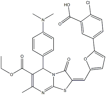 2-chloro-5-{5-[(5-[4-(dimethylamino)phenyl]-6-(ethoxycarbonyl)-7-methyl-3-oxo-5H-[1,3]thiazolo[3,2-a]pyrimidin-2(3H)-ylidene)methyl]-2-furyl}benzoic acid Struktur