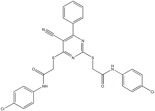 2-[(2-{[2-(4-chloroanilino)-2-oxoethyl]sulfanyl}-5-cyano-6-phenyl-4-pyrimidinyl)sulfanyl]-N-(4-chlorophenyl)acetamide Struktur