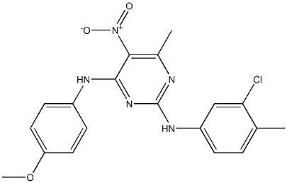 2-(3-chloro-4-methylanilino)-5-nitro-4-(4-methoxyanilino)-6-methylpyrimidine Struktur