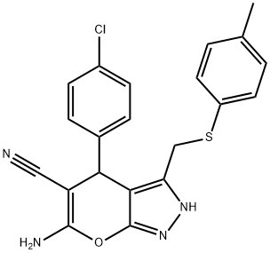 6-amino-4-(4-chlorophenyl)-3-{[(4-methylphenyl)sulfanyl]methyl}-2,4-dihydropyrano[2,3-c]pyrazole-5-carbonitrile Struktur