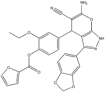 4-[6-amino-3-(1,3-benzodioxol-5-yl)-5-cyano-1,4-dihydropyrano[2,3-c]pyrazol-4-yl]-2-ethoxyphenyl 2-furoate Struktur