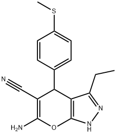 6-amino-3-ethyl-4-[4-(methylsulfanyl)phenyl]-1,4-dihydropyrano[2,3-c]pyrazole-5-carbonitrile Struktur