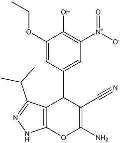 6-amino-4-{3-ethoxy-4-hydroxy-5-nitrophenyl}-3-isopropyl-1,4-dihydropyrano[2,3-c]pyrazole-5-carbonitrile Struktur