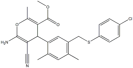 methyl 6-amino-4-(5-{[(4-chlorophenyl)sulfanyl]methyl}-2,4-dimethylphenyl)-5-cyano-2-methyl-4H-pyran-3-carboxylate Struktur