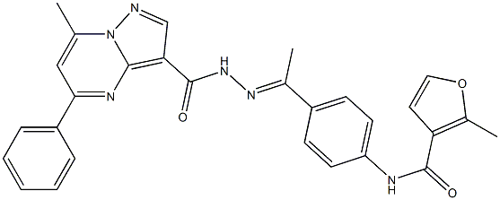 2-methyl-N-(4-{N-[(7-methyl-5-phenylpyrazolo[1,5-a]pyrimidin-3-yl)carbonyl]ethanehydrazonoyl}phenyl)-3-furamide Struktur