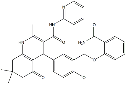 4-(3-{[2-(aminocarbonyl)phenoxy]methyl}-4-methoxyphenyl)-2,7,7-trimethyl-N-(3-methyl-2-pyridinyl)-5-oxo-1,4,5,6,7,8-hexahydro-3-quinolinecarboxamide Struktur