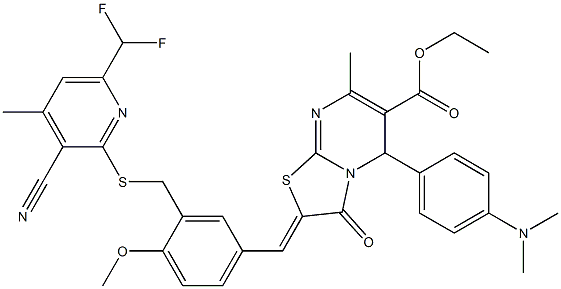 ethyl 2-[3-({[3-cyano-6-(difluoromethyl)-4-methyl-2-pyridinyl]sulfanyl}methyl)-4-methoxybenzylidene]-5-[4-(dimethylamino)phenyl]-7-methyl-3-oxo-2,3-dihydro-5H-[1,3]thiazolo[3,2-a]pyrimidine-6-carboxyl
ate Struktur