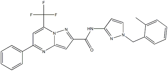 N-[1-(2-methylbenzyl)-1H-pyrazol-3-yl]-5-phenyl-7-(trifluoromethyl)pyrazolo[1,5-a]pyrimidine-2-carboxamide Struktur