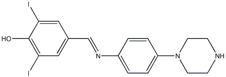 2,6-diiodo-4-({[4-(1-piperazinyl)phenyl]imino}methyl)phenol Struktur