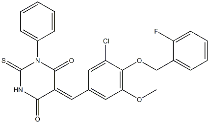 5-{3-chloro-4-[(2-fluorobenzyl)oxy]-5-methoxybenzylidene}-1-phenyl-2-thioxodihydro-4,6(1H,5H)-pyrimidinedione Struktur