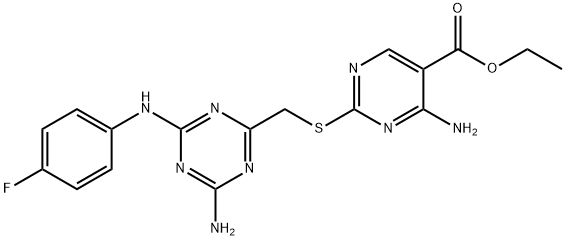 ethyl 4-amino-2-({[4-amino-6-(4-fluoroanilino)-1,3,5-triazin-2-yl]methyl}sulfanyl)pyrimidine-5-carboxylate Struktur