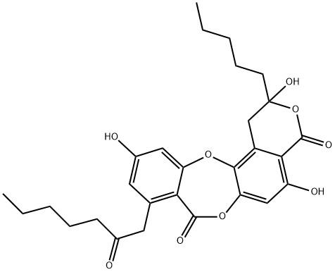 4H,8H-[2]Benzopyrano[5,6-b][1,4]benzodioxepin-4,8-dione, 1,2-dihydro-2,5,11-trihydroxy-9-(2-oxoheptyl)-2-pentyl- Struktur