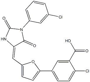 2-chloro-5-(5-{[1-(3-chlorophenyl)-2,5-dioxo-4-imidazolidinylidene]methyl}-2-furyl)benzoic acid Struktur