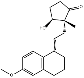 3-Hydroxy-2-[(2E)-2-(6-methoxy-3,4-dihydronaphthalen-1(2H)-ylidene)ethyl]-2-methylcyclopentanone Struktur