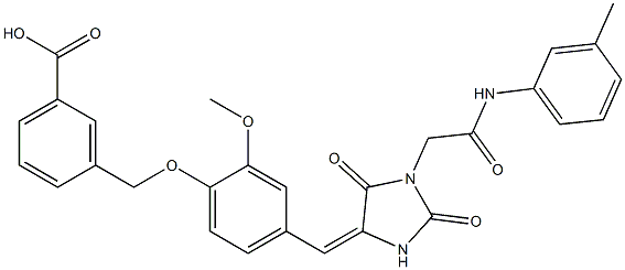 3-{[4-({2,5-dioxo-1-[2-oxo-2-(3-toluidino)ethyl]-4-imidazolidinylidene}methyl)-2-methoxyphenoxy]methyl}benzoic acid Struktur