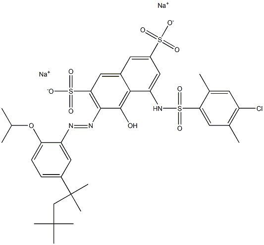 2,7-Naphthalenedisulfonic acid, 5-[[(4-chloro-2,5-dimethylphenyl)sulfonyl]amino]-4-hydroxy-3-[[2-(1-methylethoxy)-5-(1,1,3,3-tetramethylbutyl)phenyl]azo]-, disodium salt Struktur