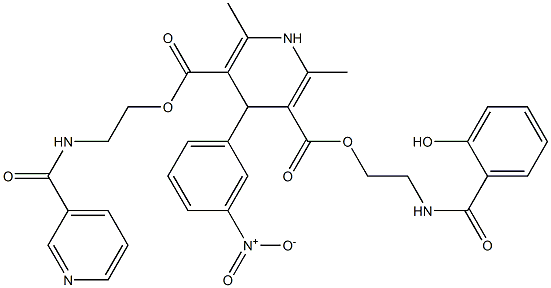 3-{2-[(2-hydroxybenzoyl)amino]ethyl} 5-{2-[(3-pyridinylcarbonyl)amino]ethyl} 4-{3-nitrophenyl}-2,6-dimethyl-1,4-dihydro-3,5-pyridinedicarboxylate Struktur