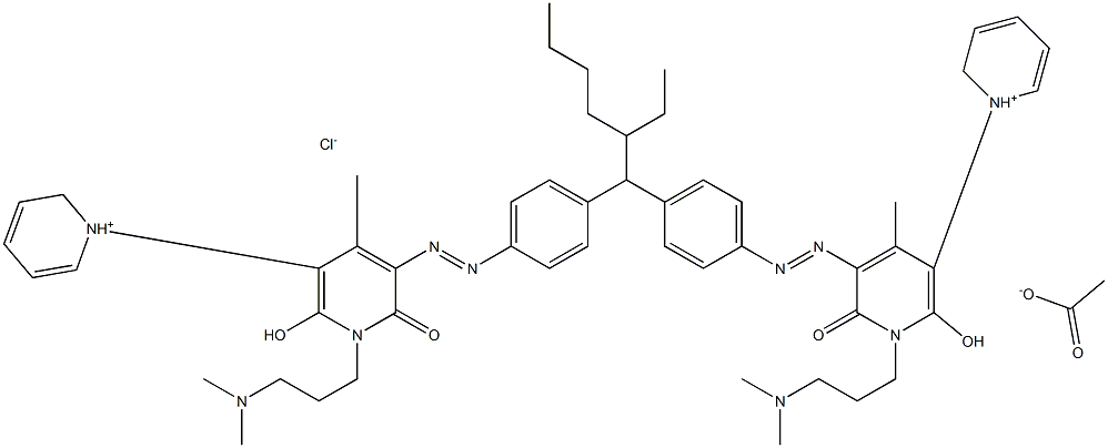 1'-[3-(dimethylamino)propyl]-5'-[(E)-2-[4-(1-{4-[(E)-2-{1'-[3-(dimethylamino)propyl]-2'-hydroxy-4'-methyl-6'-oxo-1',6'-dihydro-1lambda5-[1,3'-bipyridin]-1-ylium-5'-yl}diazen-1-yl]phenyl}-2-ethylhexyl)phenyl]diazen-1-yl]-2'-hydroxy-4'-methyl-6'-oxo-1',6'-dihydro-1lambda5-[1,3'-bipyridin]-1-ylium acetate chloride Struktur