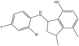 3-[(2-bromo-4-fluorophenyl)amino]-1,7-dimethyl-2,3-dihydro-1H-inden-4-ol Struktur