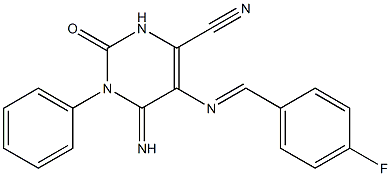 5-{[(E)-(4-fluorophenyl)methylidene]amino}-6-imino-2-oxo-1-phenyl-1,2,3,6-tetrahydro-4-pyrimidinecarbonitrile Struktur