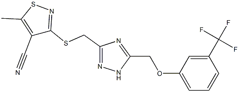 5-methyl-3-{[(5-{[3-(trifluoromethyl)phenoxy]methyl}-1H-1,2,4-triazol-3-yl)methyl]sulfanyl}-4-isothiazolecarbonitrile Struktur