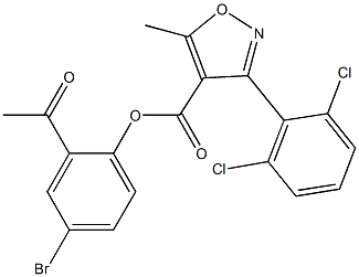 2-acetyl-4-bromophenyl 3-(2,6-dichlorophenyl)-5-methylisoxazole-4-carboxylate Struktur