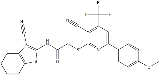 2-{[3-cyano-6-(4-methoxyphenyl)-4-(trifluoromethyl)-2-pyridinyl]sulfanyl}-N-(3-cyano-4,5,6,7-tetrahydro-1-benzothiophen-2-yl)acetamide Struktur