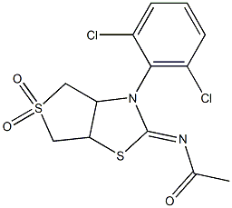 N1-[3-(2,6-dichlorophenyl)-5,5-dioxoperhydro-5lambda~6~-thieno[3,4-d][1,3]thiazol-2-yliden]acetamide Struktur