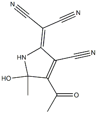 2-(4-acetyl-3-cyano-5-hydroxy-5-methyl-1,5-dihydro-2H-pyrrol-2-yliden)malononitrile Struktur