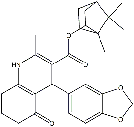 1,4,5,6,7,8-Hexahydro-5-oxo-2-methyl-4-(1,3-benzodioxol-5-yl)quinoline-3-carboxylic acid (1,7,7-trimethylbicyclo[2.2.1]heptan-2-yl) ester Struktur