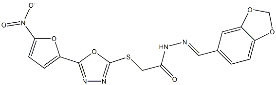 N2-(1,3-Benzodioxol-5-ylmethylene)-2-[5-(5-nitro-2-furyl)-1,3,4-oxadiazol-2-ylthio]acetohydrazide Struktur