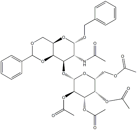 Benzyl 2-acetamido-3-O-(2,3,4,6-tetra-O-acetyl-b-D-galactopyranosyl)-4,6-O-benzylidene-2-deoxy-a-D-galactopyranose Struktur