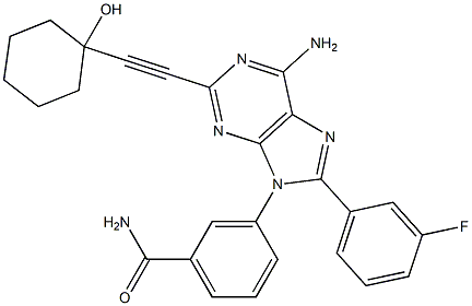 3-(6-amino-8-(3-fluorophenyl)-2-(2-(1-hydroxycyclohexyl)-1-ethynyl)-9H-9-purinyl)benzamide Struktur