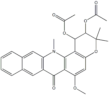 1,2-diacetoxy-6-methoxy-3,3,14-trimethyl-1,2,3,14-tetrahydro-7H-benzo(b)pyrano(3,2-h)acridin-7-one Struktur