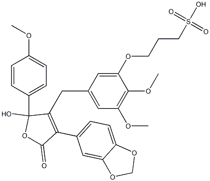 3-(5-(4-benzo(1,3)dioxol-5-yl-2-hydroxy-2-(4-methoxyphenyl)-5-oxo-2,5-dihydrofuran-3-ylmethyl)-2,3-dimethoxyphenoxy)propane-1-sulfonic acid Struktur