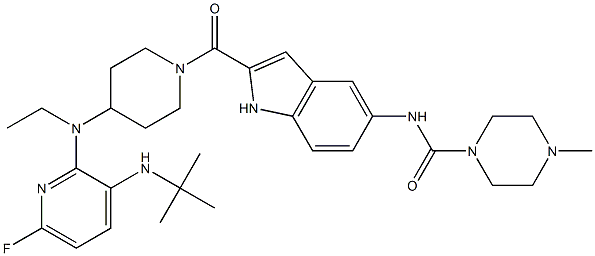 1-((5-(((4-methyl-1-piperazinyl)carbonyl)amino)indol-2-yl)carbonyl)-4-(N-ethyl-N-(3-((1,1-dimethylethyl)amino)-6-fluoro-2-pyridinyl)amino)piperidine Struktur