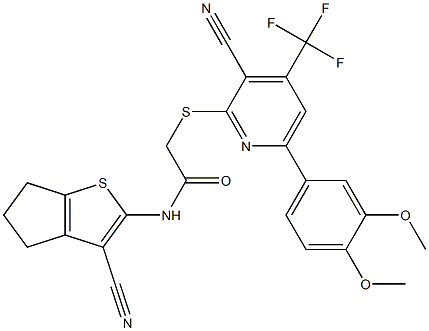 N-(3-cyano-5,6-dihydro-4H-cyclopenta[b]thiophen-2-yl)-2-{[3-cyano-6-(3,4-dimethoxyphenyl)-4-(trifluoromethyl)-2-pyridinyl]sulfanyl}acetamide Struktur