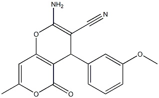 2-amino-4-(3-methoxyphenyl)-7-methyl-5-oxo-4H,5H-pyrano[4,3-b]pyran-3-carbonitrile Struktur