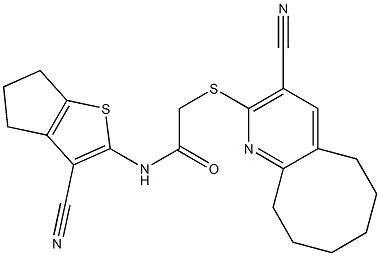 N-(3-cyano-5,6-dihydro-4H-cyclopenta[b]thiophen-2-yl)-2-[(3-cyano-5,6,7,8,9,10-hexahydrocycloocta[b]pyridin-2-yl)sulfanyl]acetamide Struktur