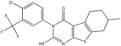 3-[4-chloro-3-(trifluoromethyl)phenyl]-2-mercapto-7-methyl-5,6,7,8-tetrahydro[1]benzothieno[2,3-d]pyrimidin-4(3H)-one Struktur