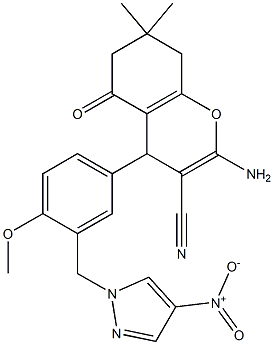 2-amino-4-{4-methoxy-3-[(4-nitro-1H-pyrazol-1-yl)methyl]phenyl}-7,7-dimethyl-5-oxo-5,6,7,8-tetrahydro-4H-chromene-3-carbonitrile Struktur