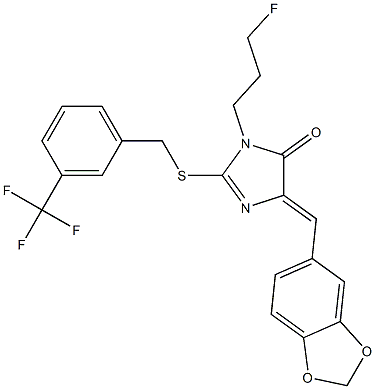 5-(1,3-benzodioxol-5-ylmethylene)-3-(3-fluoropropyl)-2-{[3-(trifluoromethyl)benzyl]sulfanyl}-3,5-dihydro-4H-imidazol-4-one Struktur