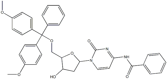 N-[1-(5-{[bis(4-methoxyphenyl)(phenyl)methoxy]methyl}-4-hydroxytetrahydrofuran-2-yl)-2-oxo-1,2-dihydropyrimidin-4-yl]benzamide Struktur