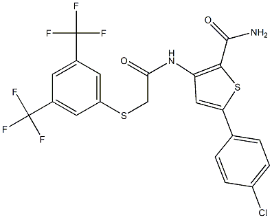 5-(4-chlorophenyl)-3-[(2-{[3,5-di(trifluoromethyl)phenyl]thio}acetyl)amino]thiophene-2-carboxamide Struktur