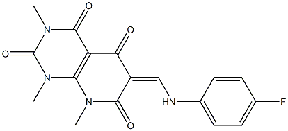 6-[(4-fluoroanilino)methylidene]-1,3,8-trimethyl-1,2,3,4,5,6,7,8-octahydropyrido[2,3-d]pyrimidine-2,4,5,7-tetraone Struktur