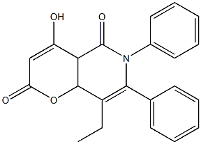 8-ethyl-4-hydroxy-6,7-diphenyl-4a,5,6,8a-tetrahydro-2H-pyrano[3,2-c]pyridine-2,5-dione Struktur